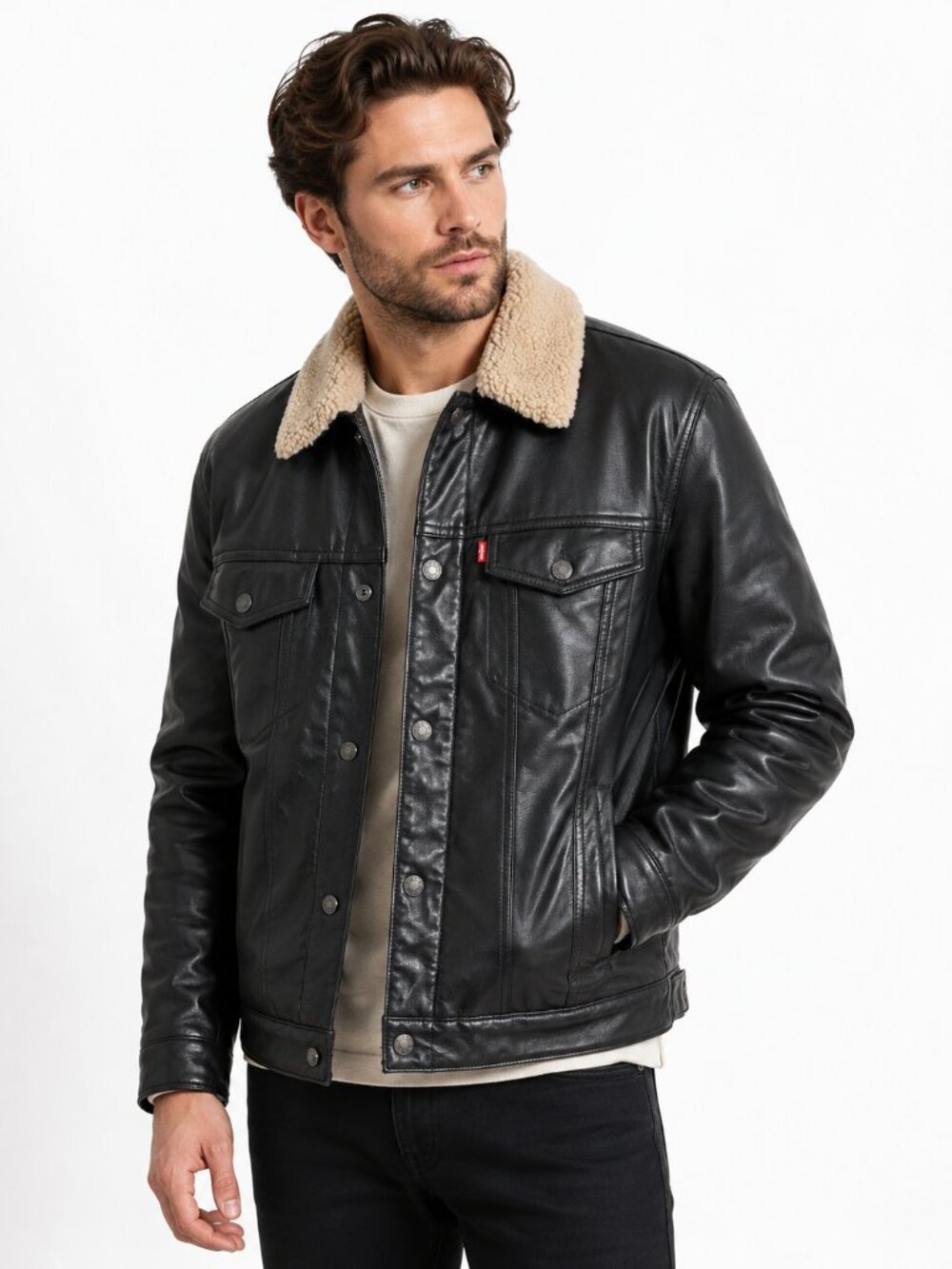 Levi’s Men’s Black Faux Leather Sherpa Collar Trucker Jacket Size M